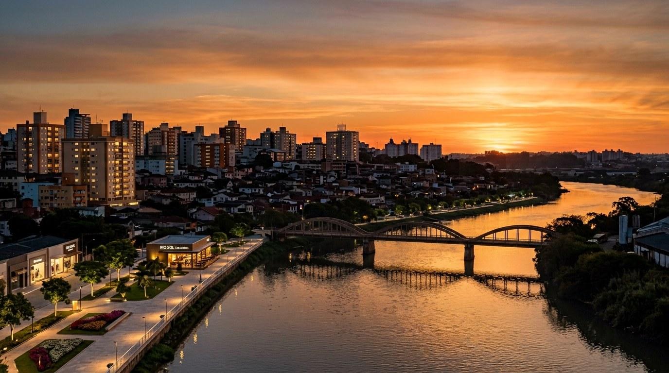 Vista aérea de uma cidade do sul do Brasil ao entardecer, com rio e ponte — clima de São Leopoldo, RS.