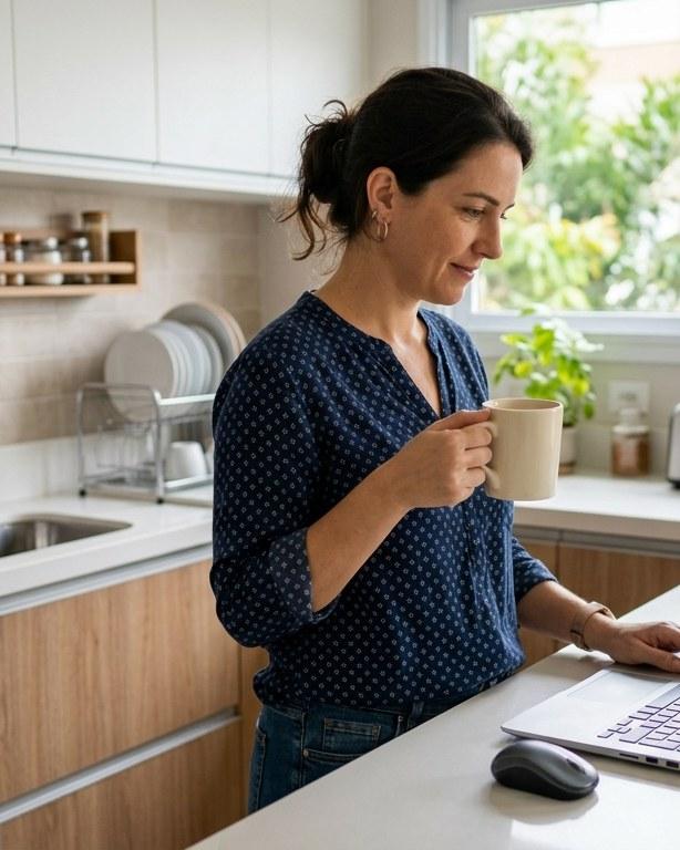 Mulher na cozinha de casa, segurando uma xícara de café enquanto olha o notebook com calma.
