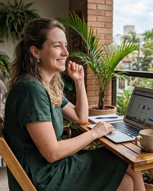 Mulher sorrindo em uma varanda com plantas, notebook e um café na mesa, num momento de descontração.