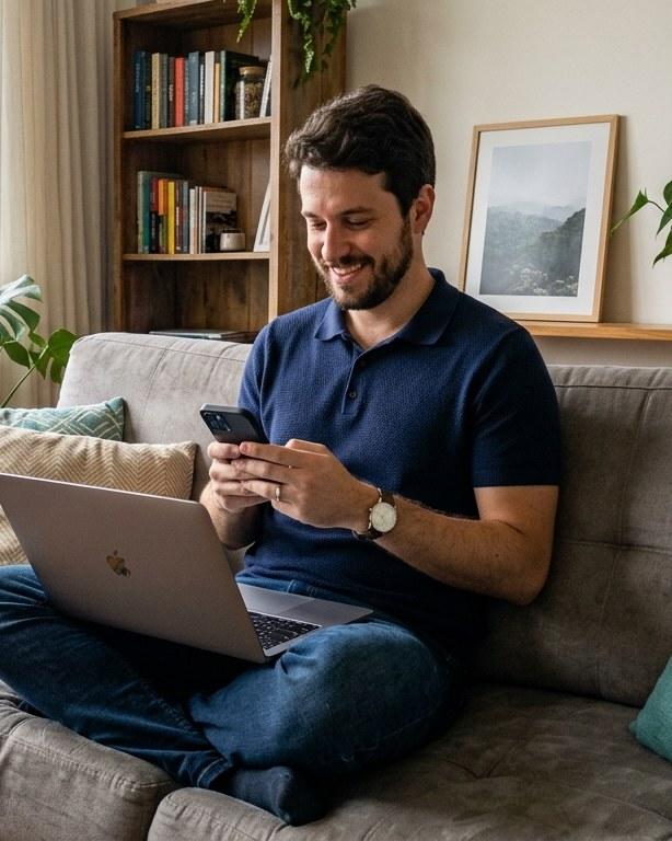 Homem sorrindo no sofá de casa, notebook no colo, olhando o celular em um momento tranquilo.